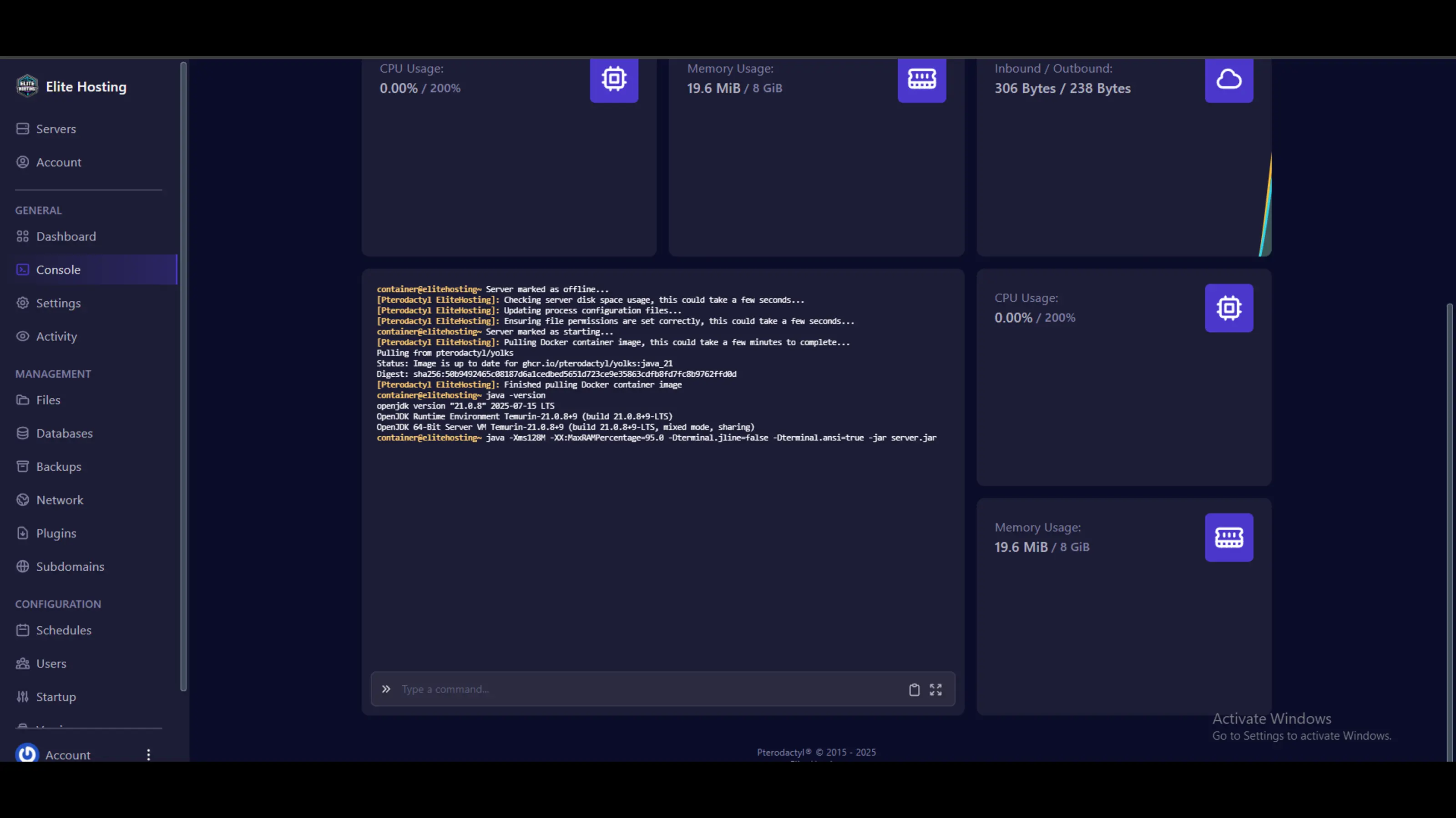 Server console output
