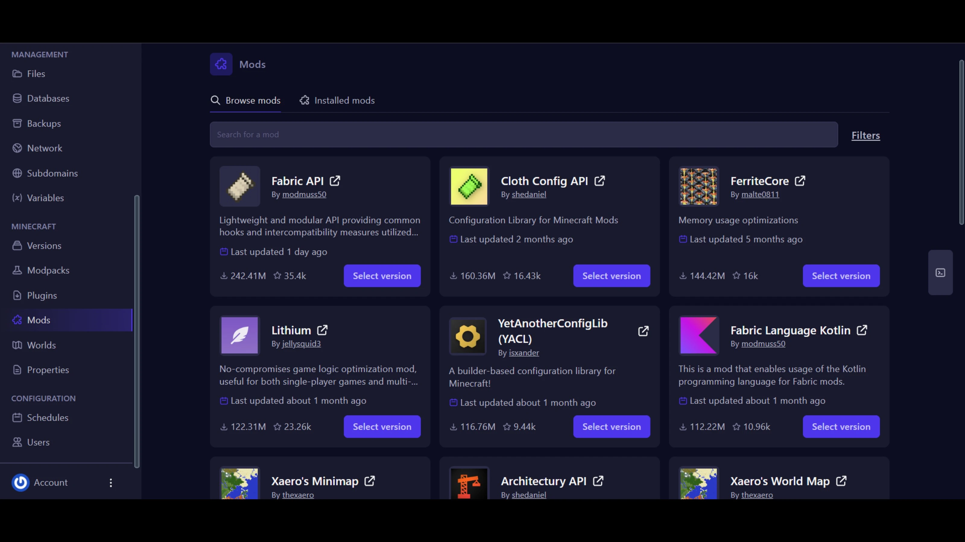 Mods tab in panel