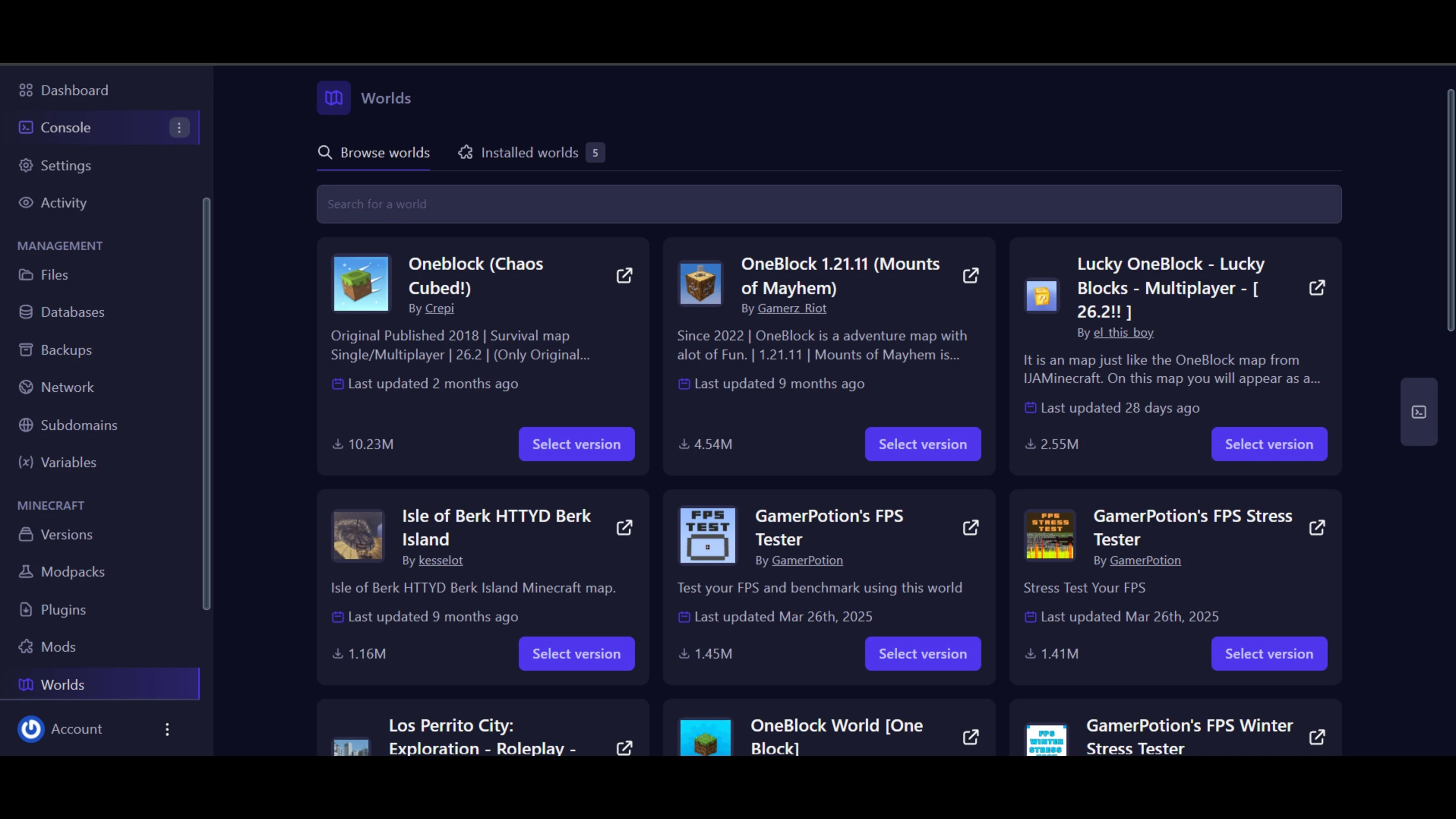 Game Panel World Installer showing options for uploading or importing a Minecraft world
